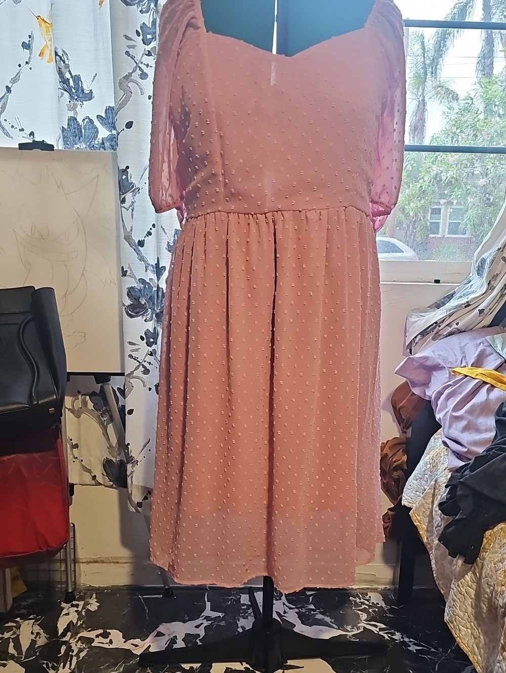 Pink Swiss Dot Puff-Sleeve Midi Dress